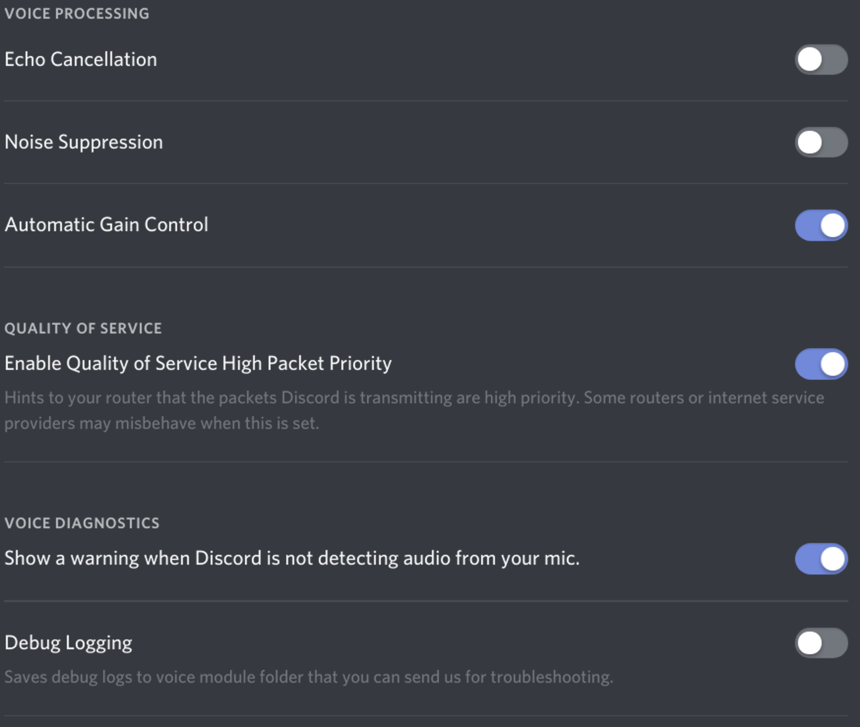 Discord voice processing options