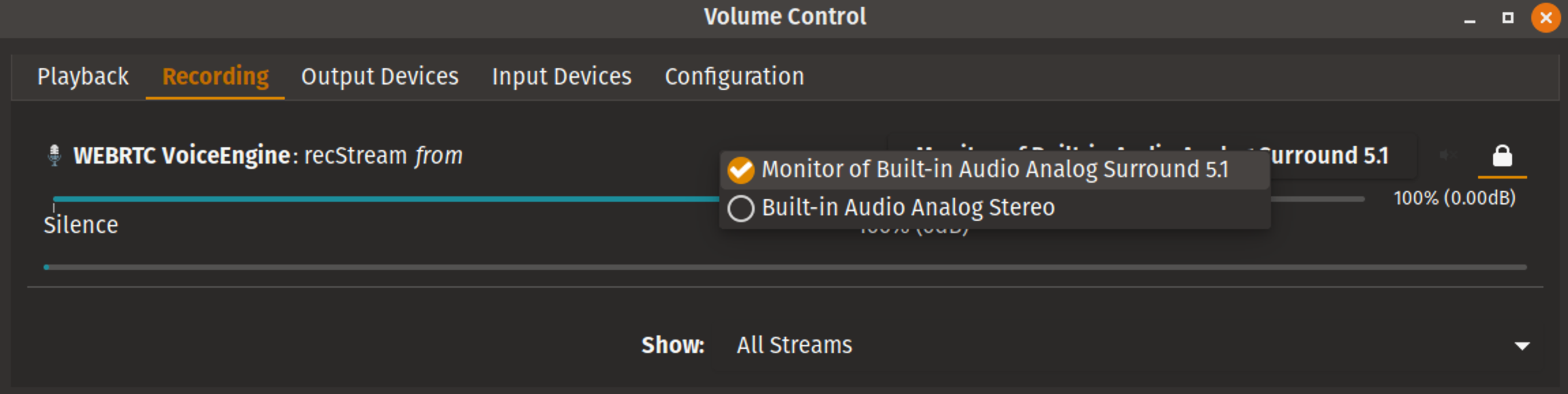 PulseAudio Volume Control recording settings