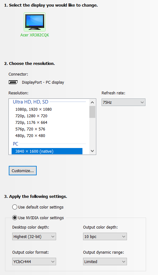NVIDIA Control Panel - Display - Change resolution settings